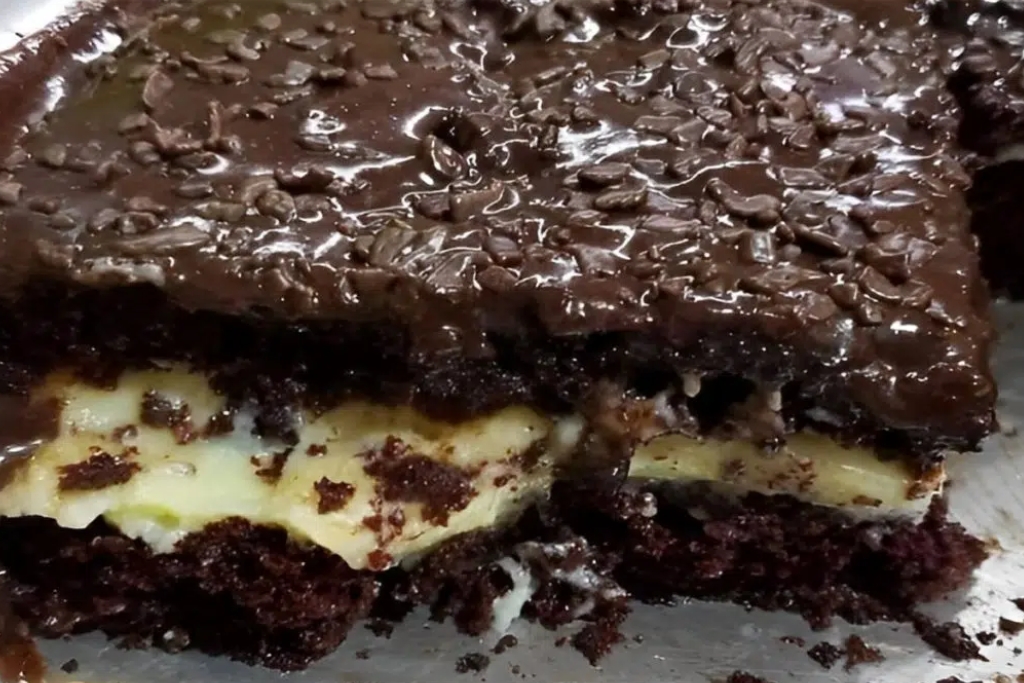 Bolo de chocolate recheio de leite ninho e cobertura de brigadeiro molhadinho